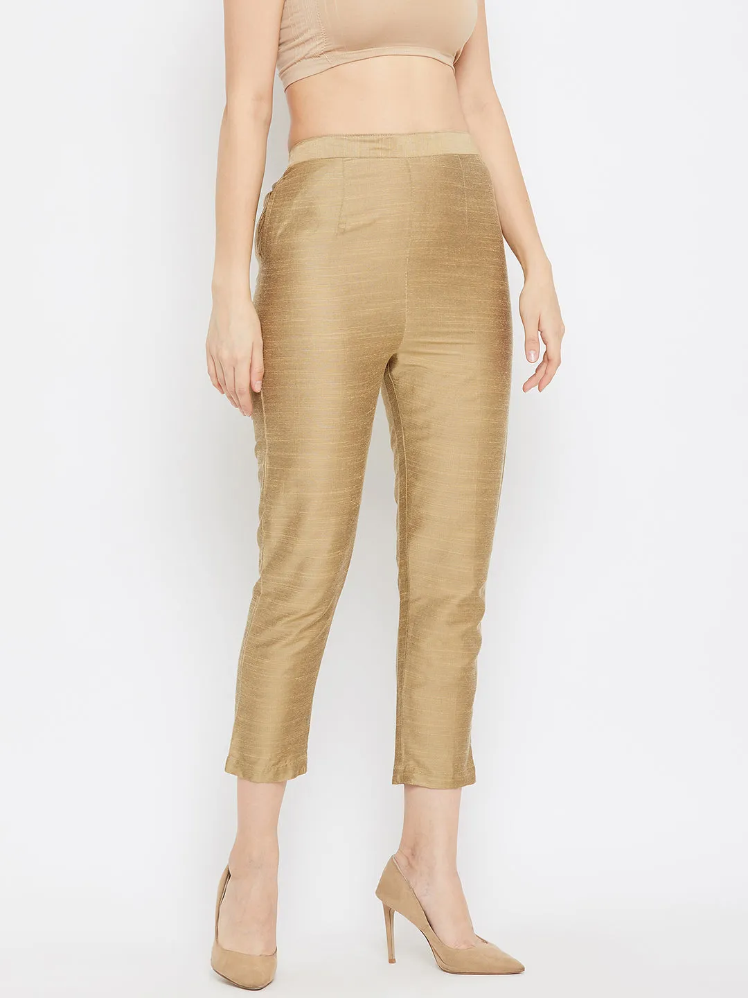 Women Brown Solid Silk Trouser