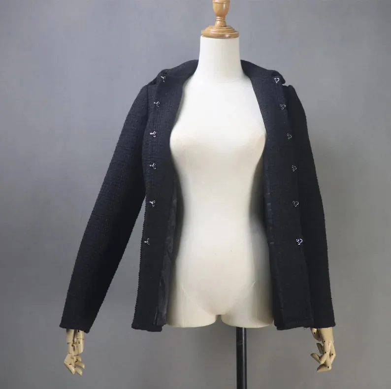 Women CUSTOM MADE Golden Buttons Decoration Tweed Black Collared Jacket Coat Blazer