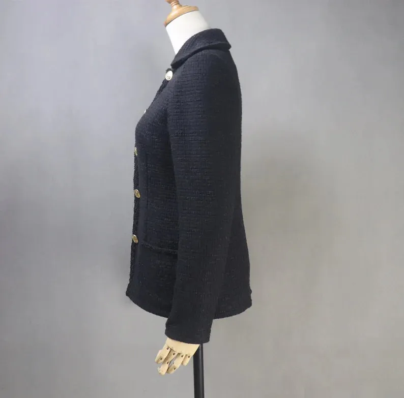 Women CUSTOM MADE Golden Buttons Decoration Tweed Black Collared Jacket Coat Blazer