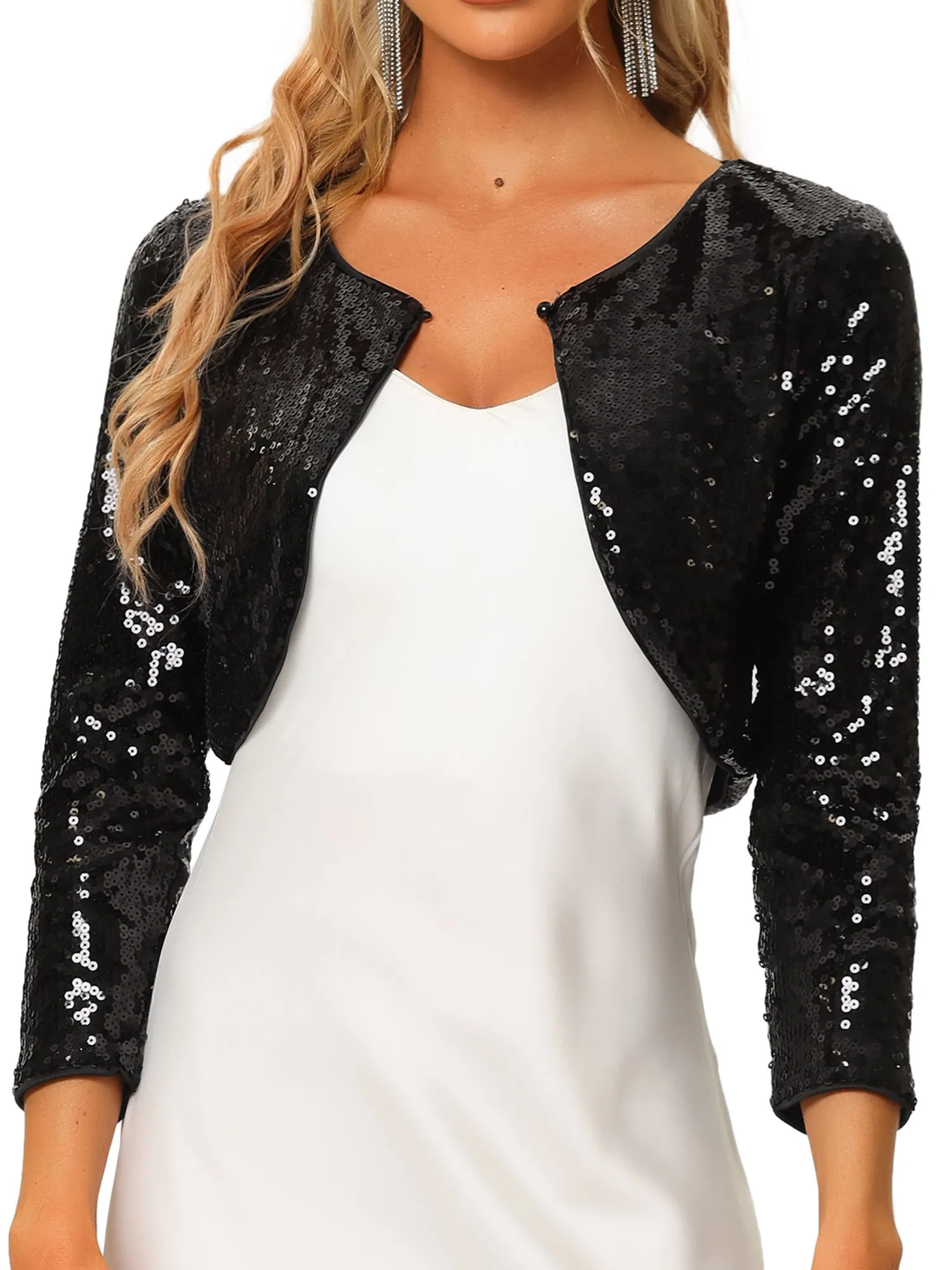 Women's Sequin Jacket Sparkly Party Long Sleeve Open Front Crop Bolero Shrug Cardigan