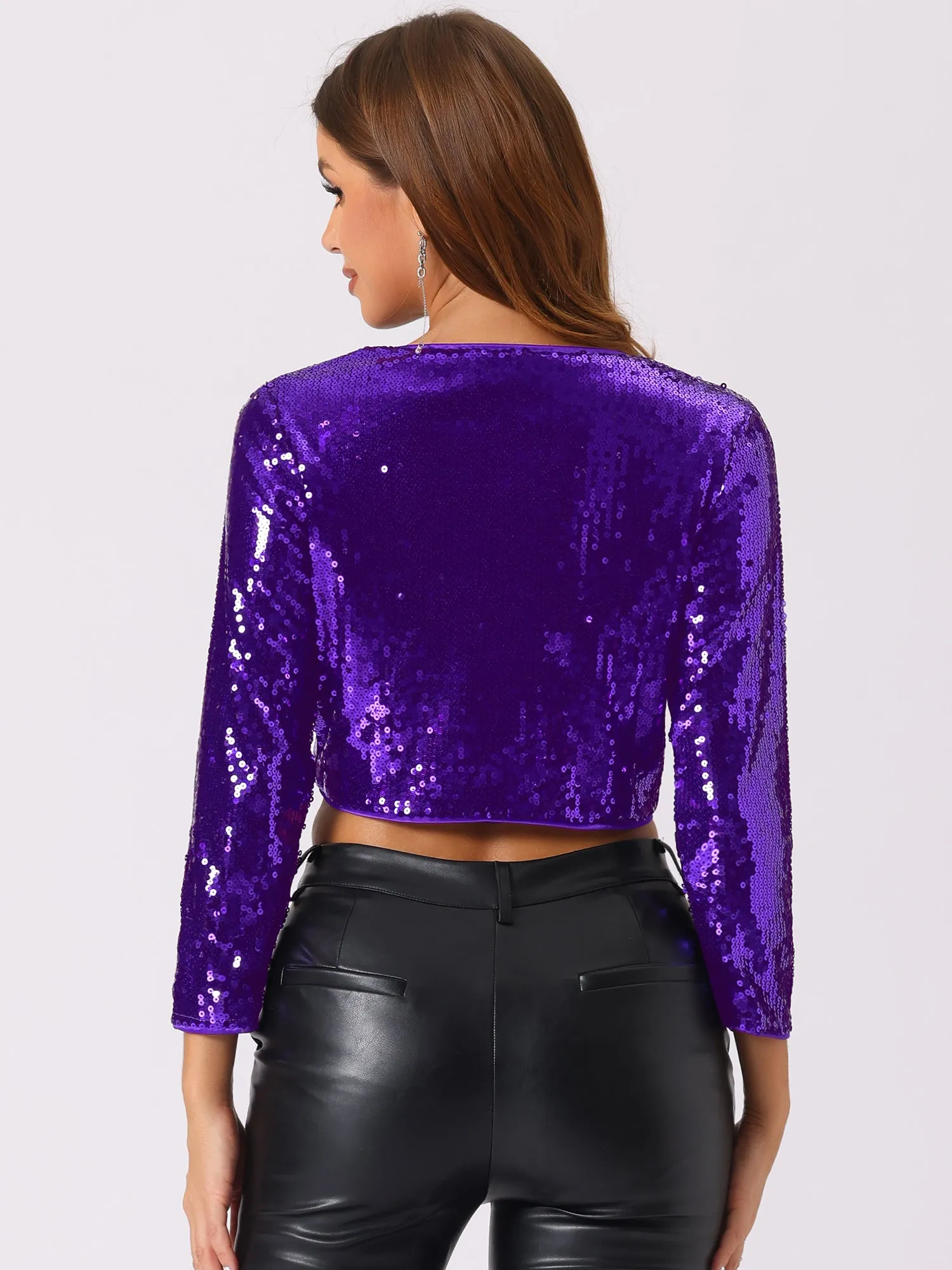 Women's Sequin Jacket Sparkly Party Long Sleeve Open Front Crop Bolero Shrug Cardigan