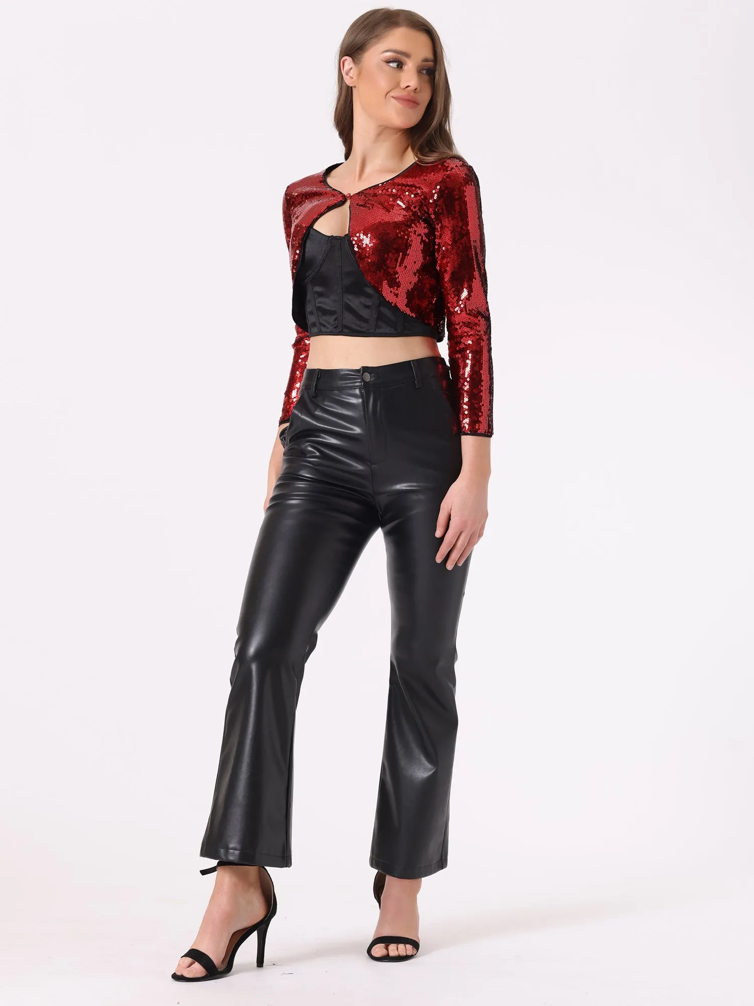 Women's Sequin Jacket Sparkly Party Long Sleeve Open Front Crop Bolero Shrug Cardigan