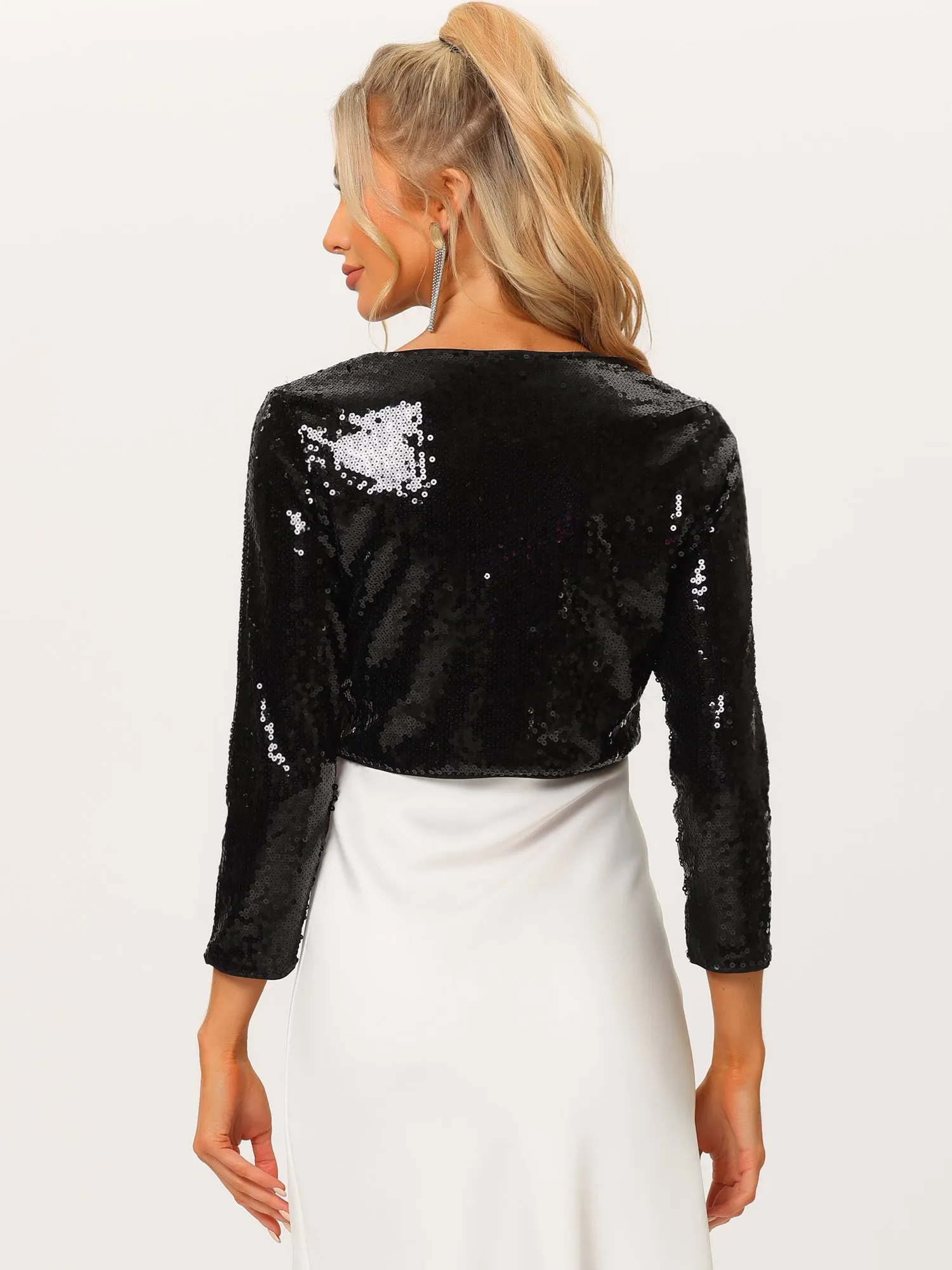 Women's Sequin Jacket Sparkly Party Long Sleeve Open Front Crop Bolero Shrug Cardigan