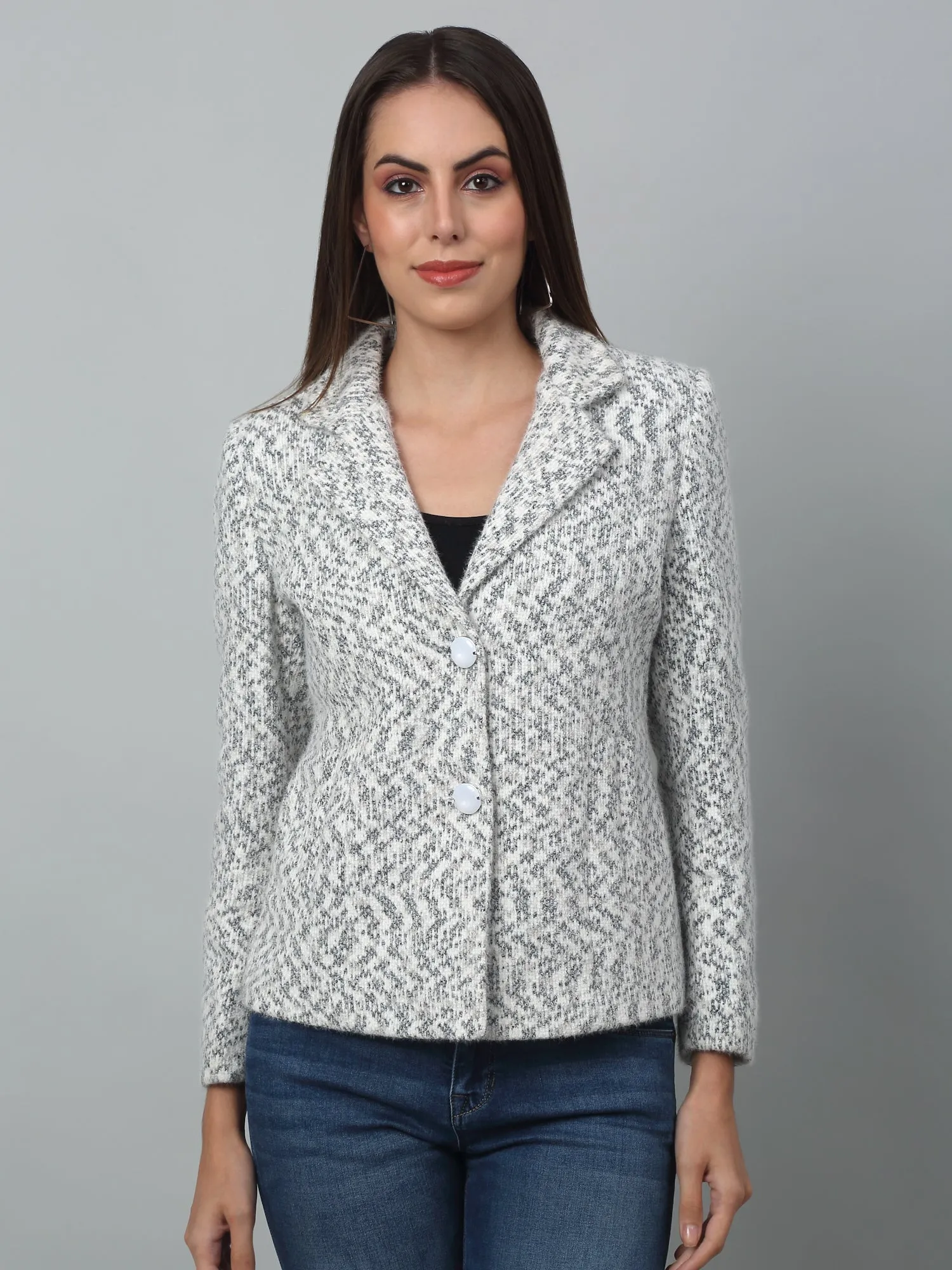 Women's   White Single breasted  Notched Lapel Collar Blazer