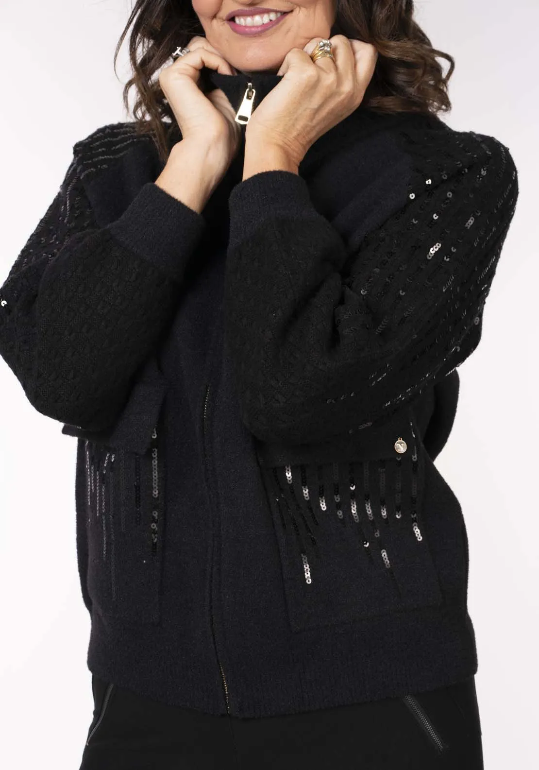 Zip Front Sequin Cardi - Black