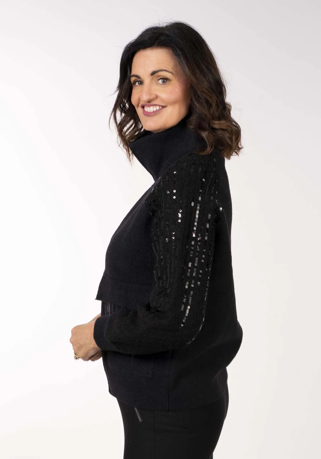 Zip Front Sequin Cardi - Black