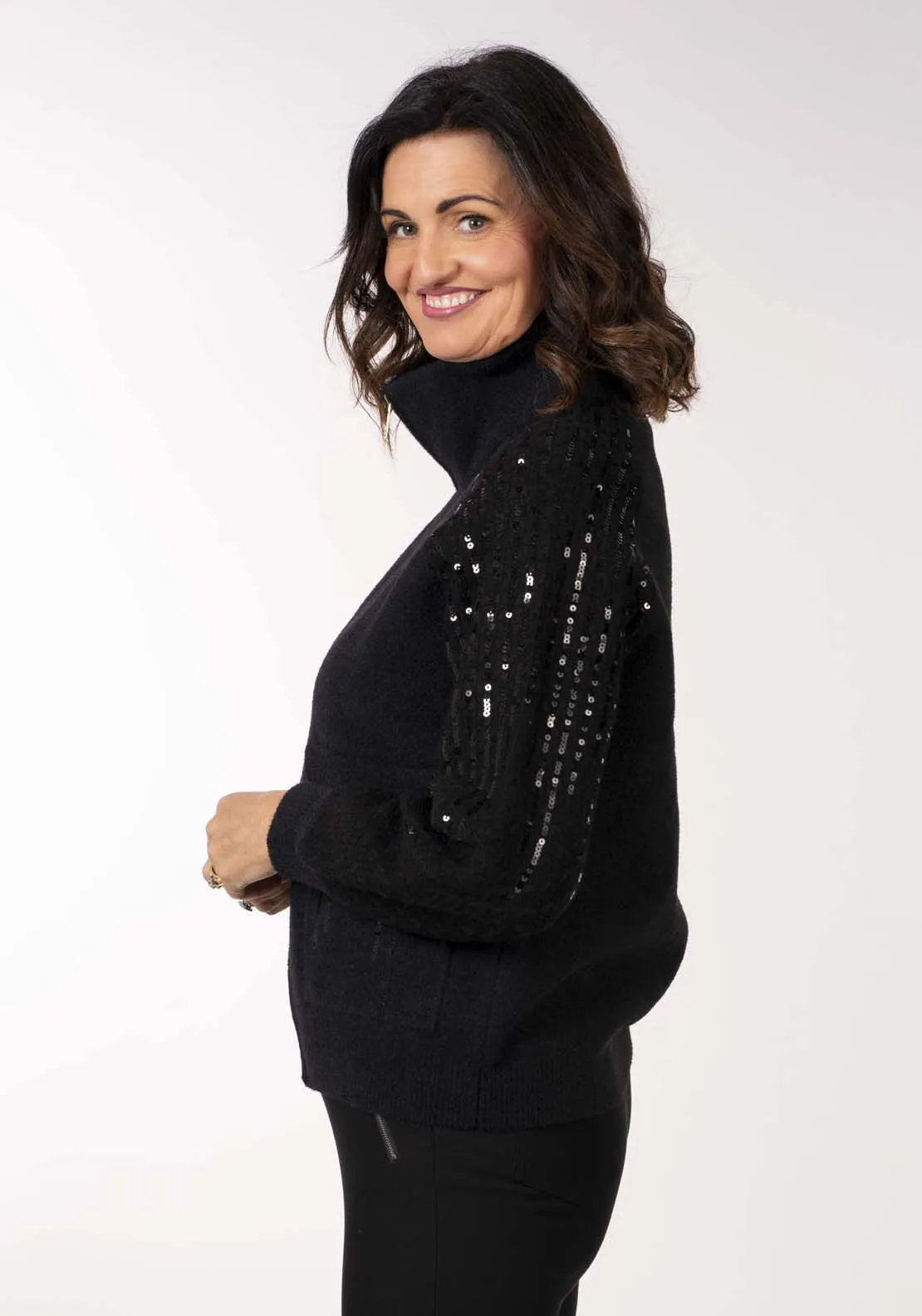 Zip Front Sequin Cardi - Black