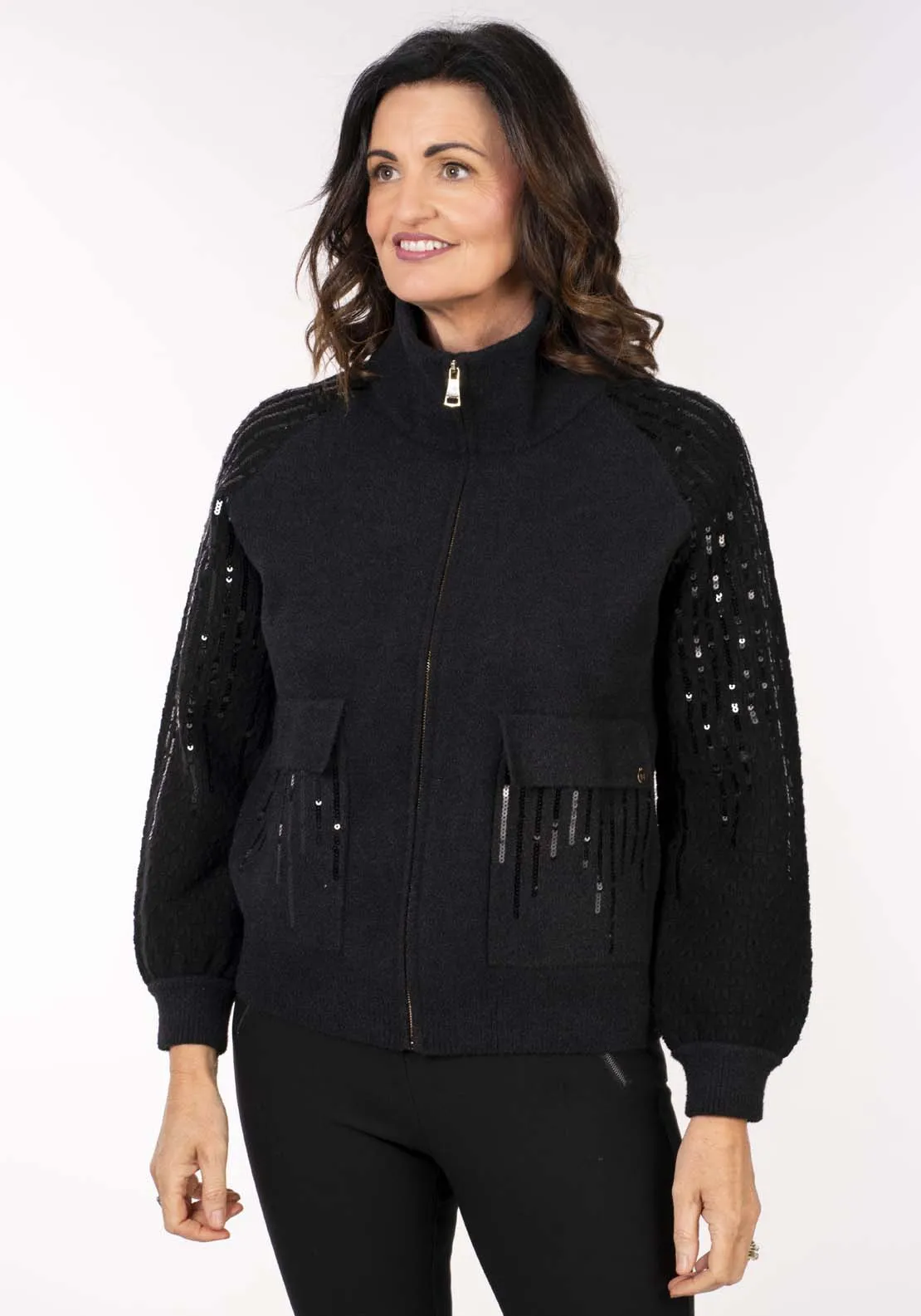 Zip Front Sequin Cardi - Black