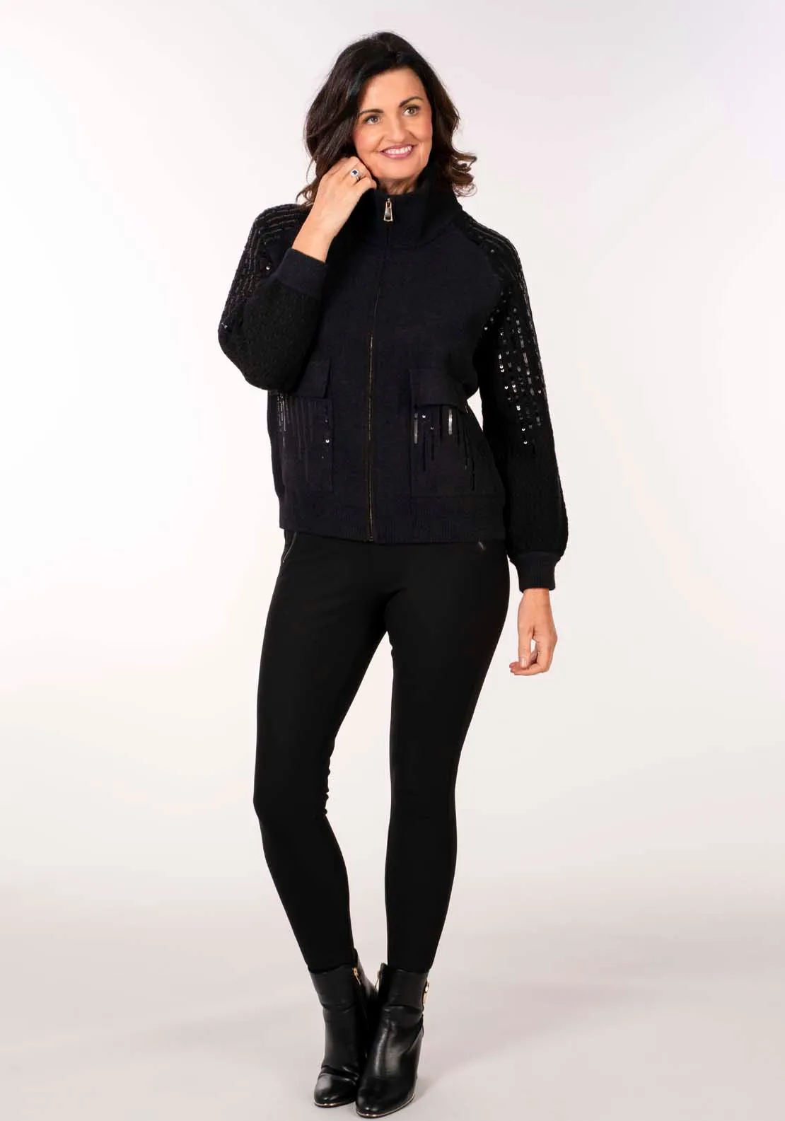 Zip Front Sequin Cardi - Black